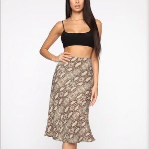 Bias cut snake print midi skirt